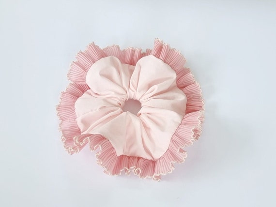 Light Pink Scrunchie With Pleated Ruffle Trim - Large Frill  display picture 2