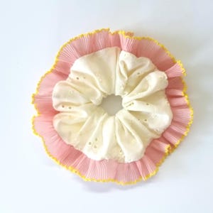 Cream broderie scrunchie with pink and yellow frilly trim - Large hair tie Handmade in UK