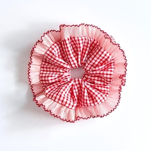 Red gingham frill hair scrunchie with pink and berry ruffle trim - XL Scrunchie Handmade in UK