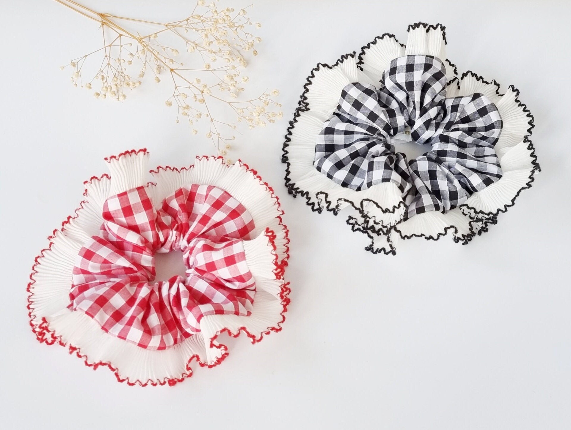 Red Gingham Scrunchie With Ruffle Lace Trim Handmade in UK - Etsy