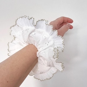Ivory broderie scrunchie with off white and white gold ruffle trim - Large frill hair scrunchie handmade in UK