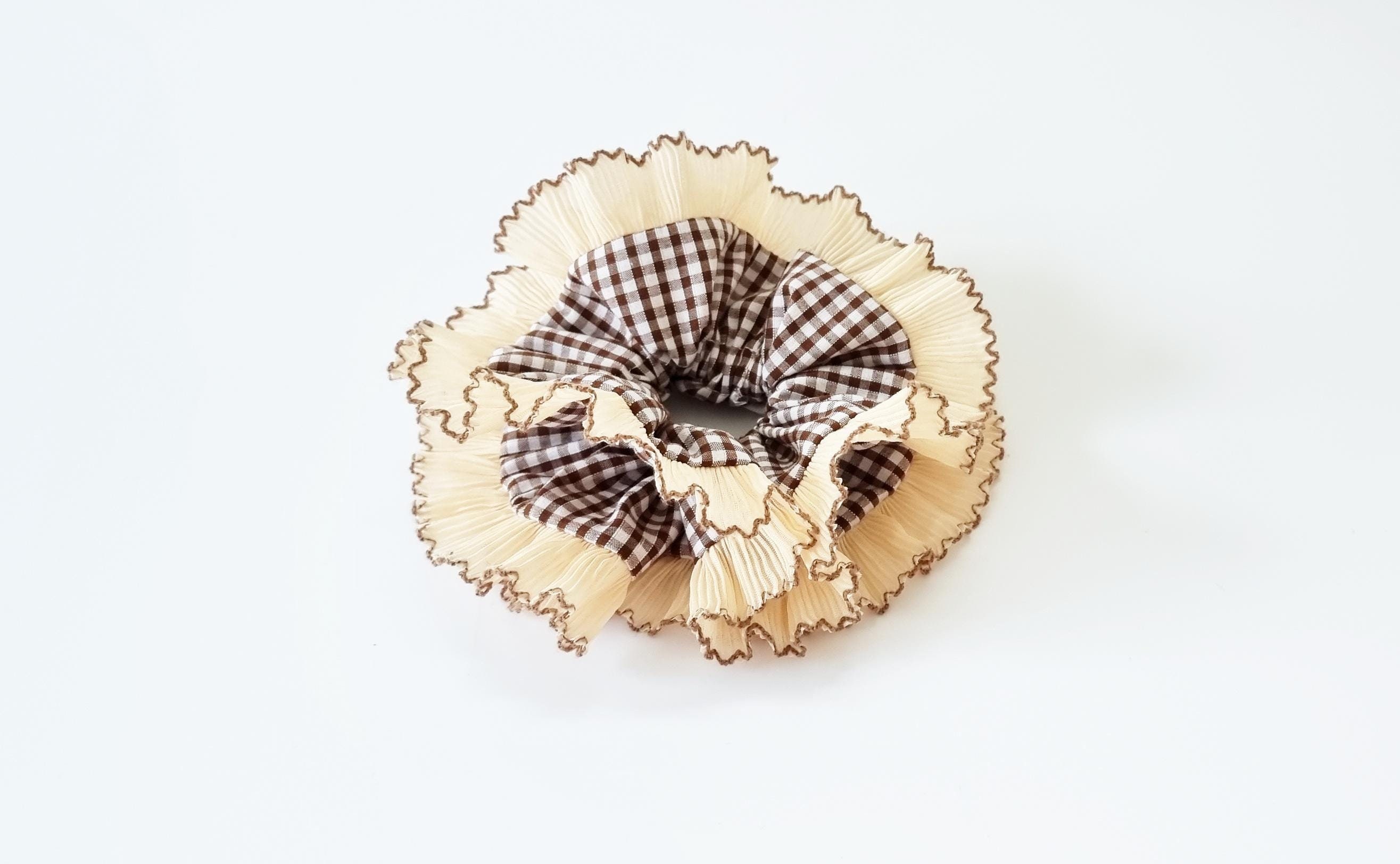 Brown gingham double layer scrunchie with beige and brown frill pleated lace trim - Handmade in UK