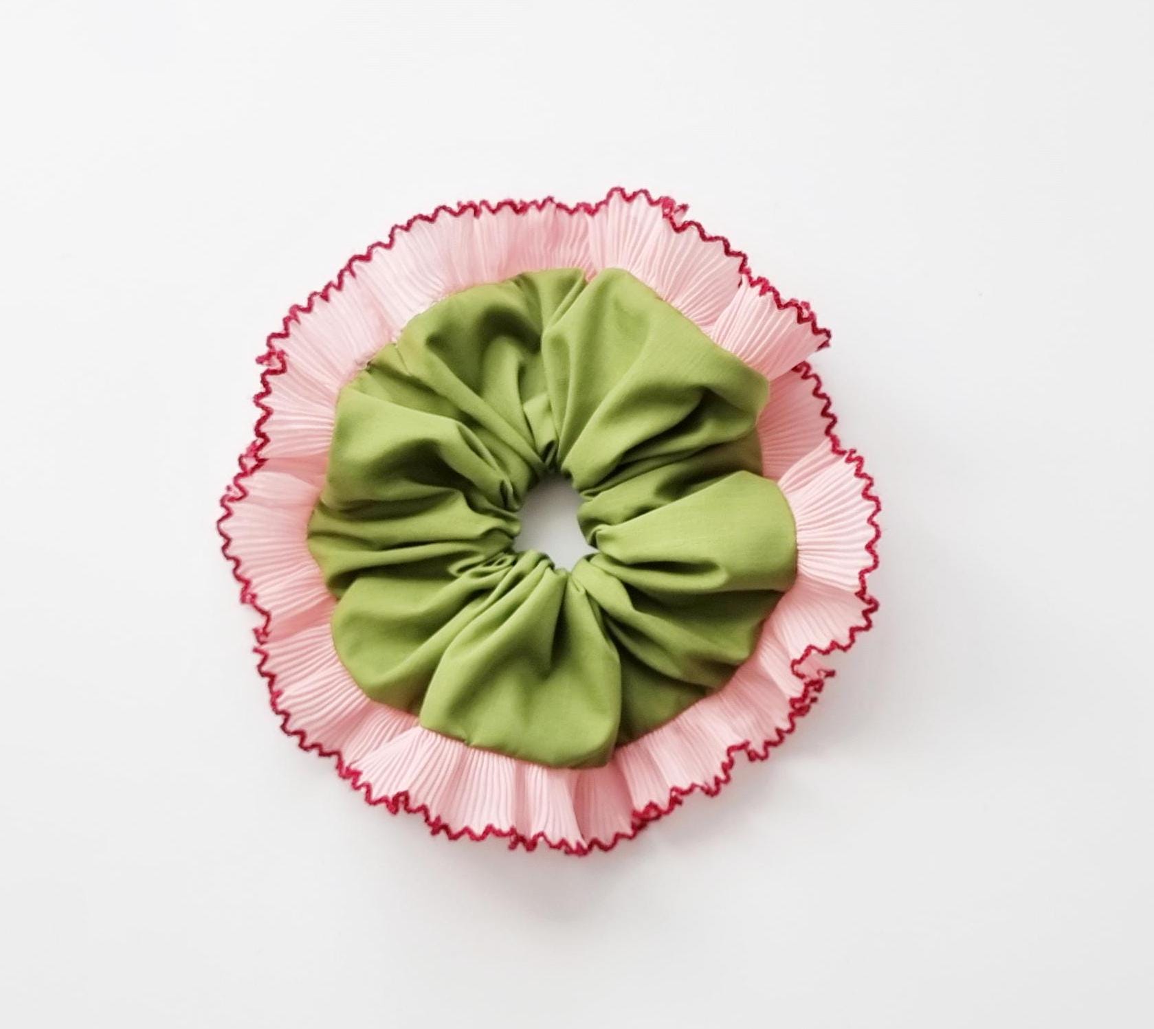 Olive green scrunchie with pink fill ruffle trim - Handmade in UK