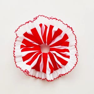 Red striped scrunchie with white ruffle trim - Handmade in UK