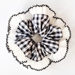 Large black gingham frill scrunchie with white ruffle lace trim - XL hair scrunchy handmade in UK