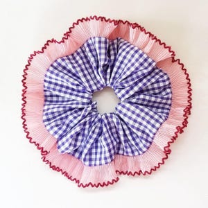 Purple gingham scrunchie with pink ruffle trim - Large frill hair scrunchie handmade in UK