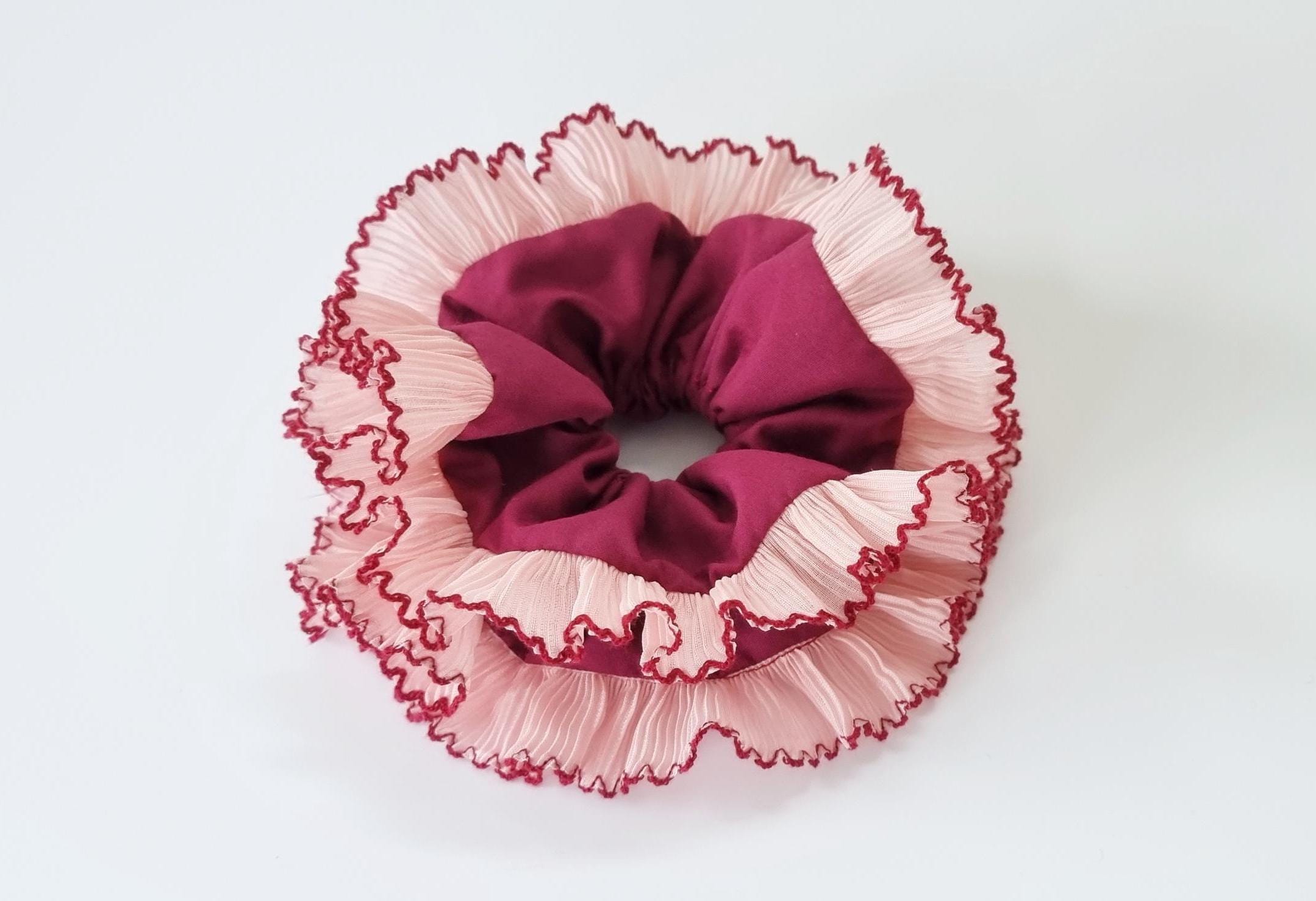 Dark pink double layer scrunchie with light pink frill pleated lace trim - Handmade in UK