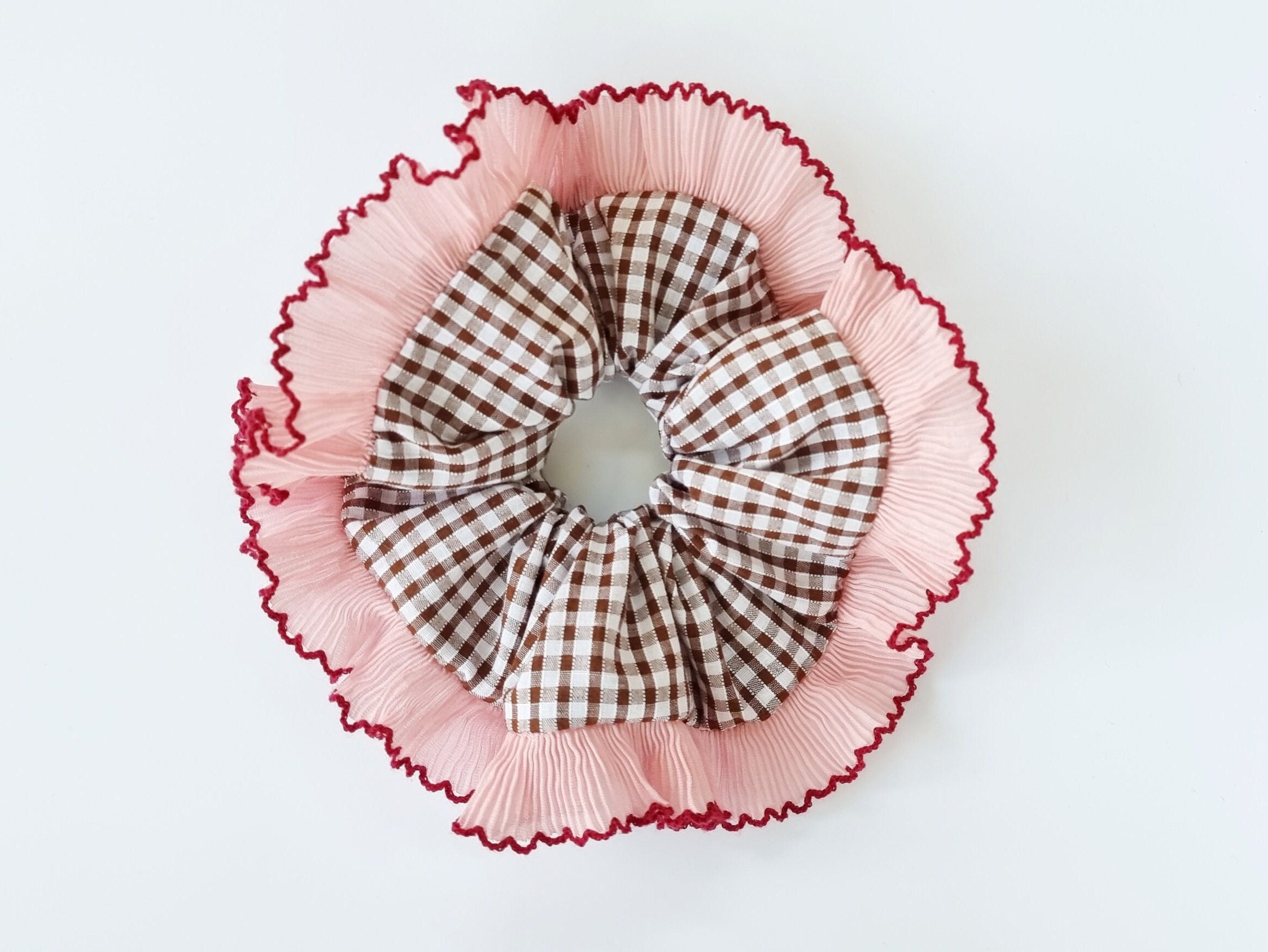 Brown Gingham Scrunchie With Pink Frilling Trim - Handmade