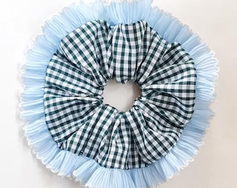 Dark green gingham scrunchie with light blue frilling trim - Large bottle green frill hair scrunchie Handmade in UK