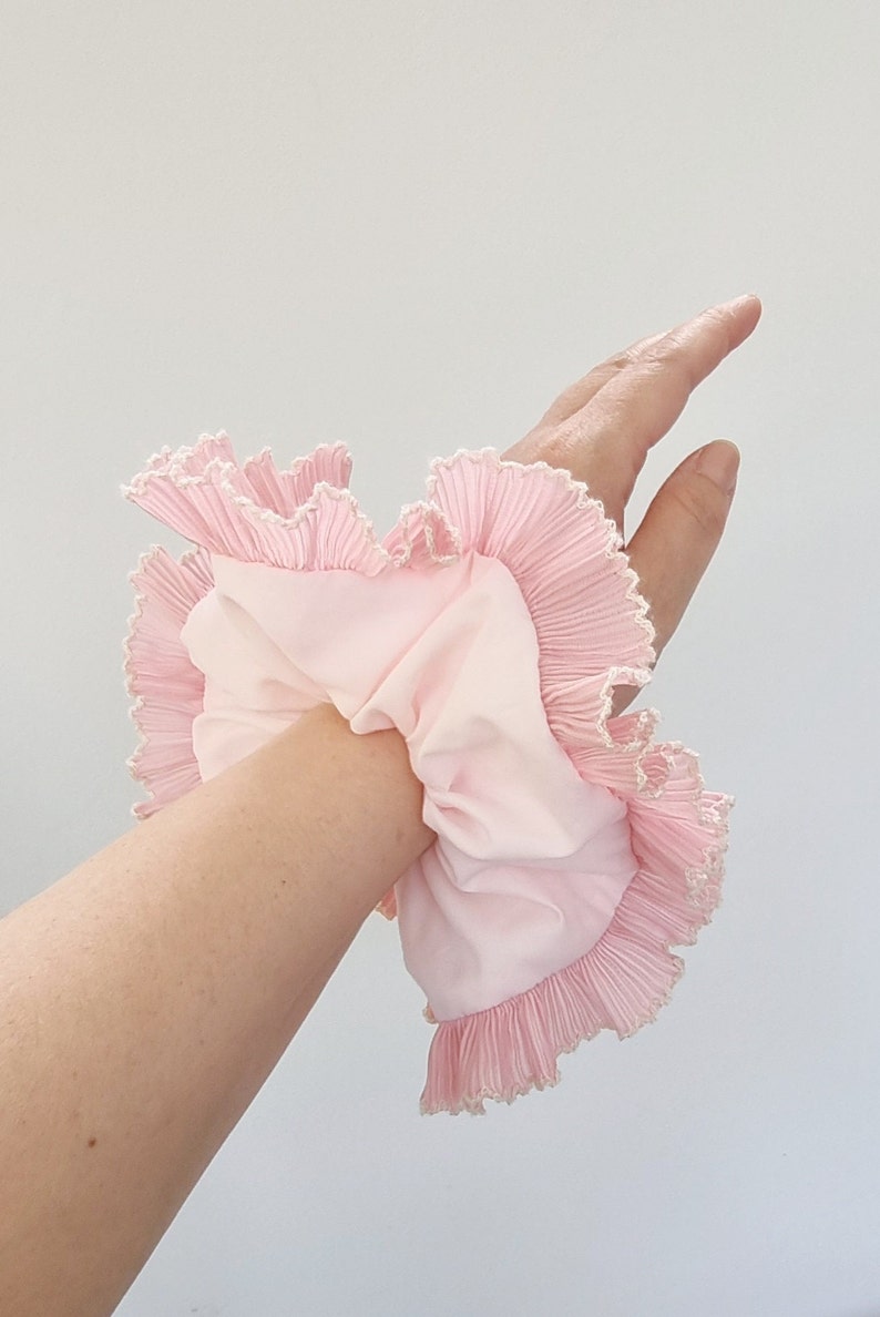 Pink Roughie Light Pink Scrunchie With Pleated Ruffle Trim - Large Frill Hair ...