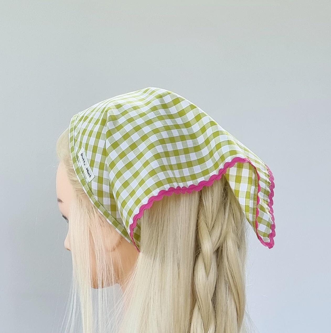 Olive green gingham hair bandana - head kerchief with ric rac trim - Handmade in UK