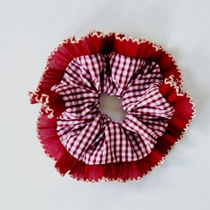 Burgundy gingham hair scrunchie with wine red frilling trim - XL frill scrunchy handmade in UK