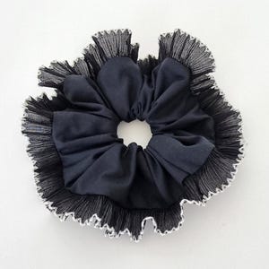 Black frill scrunchie with pleated ruffle trim - Large black hair tie handmade in UK