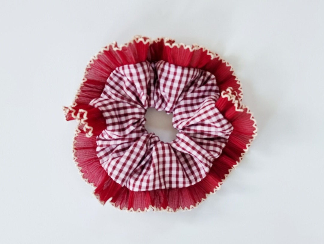 Dark Red Gingham Scrunchie With Wine Red Frilling Trim Handmade in UK - Etsy UK