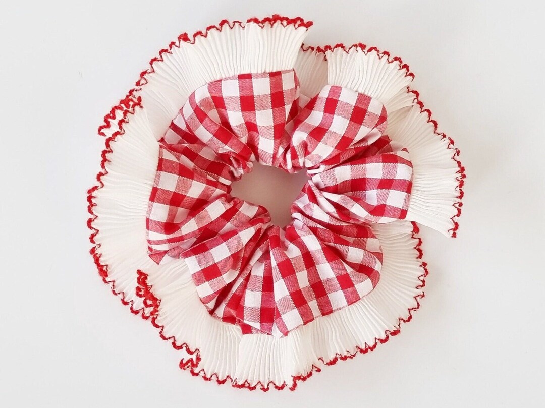 Red Gingham Scrunchie With Ruffle Lace Trim Handmade in UK - Etsy
