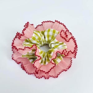 Gingham double layer olive green scrunchie with frill pleated lace trim - medium and large size - Handmade in UK