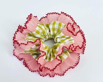 Gingham double layer olive green scrunchie with frill pleated lace trim - medium and large size - Handmade in UK