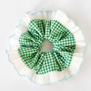 Green gingham scrunchie with ruffle trim - Large frill hair tie handmade in UK