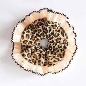 Leopard hair scrunchie with cream frilling ruffle trim - XL animal print scrunchie handmade in UK