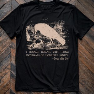 May include: Black t-shirt featuring a white print of a raven and a quote by Edgar Allan Poe: "I became insane, with long intervals of horrible sanity."