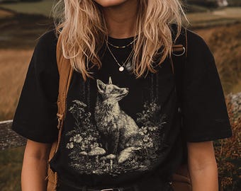 Räv och fjäril T-shirt Cottagecore Rävskjorta Vintage Wildlife T-shirt Skogskorsad linoleumssnittskjorta Mörk Cottagecore brittisk landsbygdskjorta