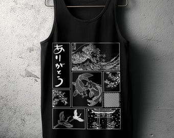 Minimalistisk vintage japansk topp grunge linjekonst linne unisex jersey Hokusai våggrafik topp koi fisk jersey kanji urban streetwear