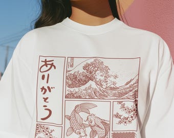 Vintage japansk skjorta Hokusai Wave unisex-skjorta minimalistisk japansk estetisk grafisk t-shirt urban streetwear grunge linjekonst japanska gåvor