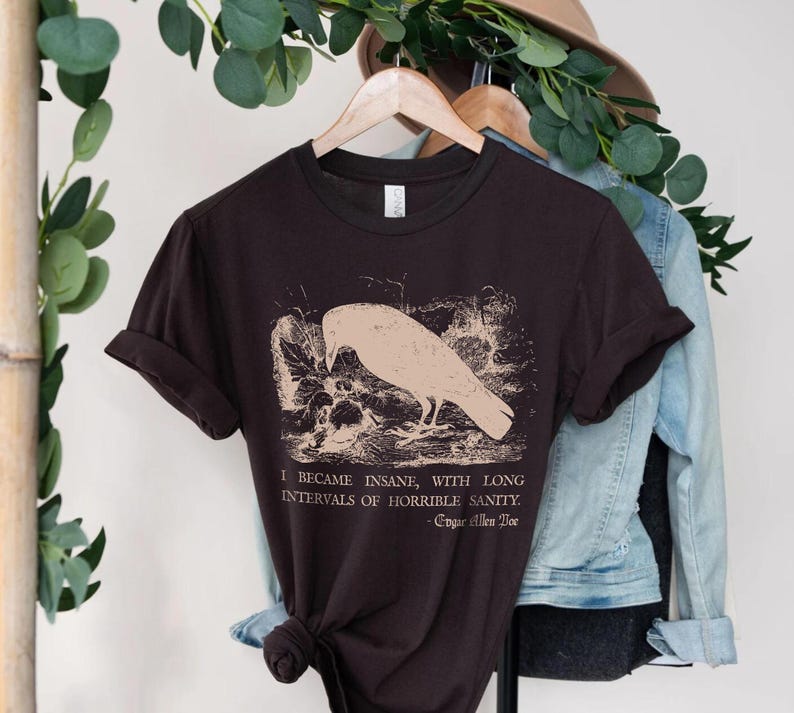May include: A dark brown t-shirt with a vintage illustration of a raven and a quote from Edgar Allan Poe: "I became insane, with long intervals of horrible sanity."