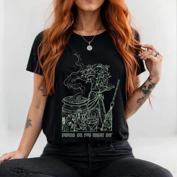 Green Witch T-Shirt: Grunge Fairycore Woodcut Print Top Alt Clothing Fairycore Grunge Top Homebody T Shirt Boho Witch Shirt Whimsygoth Gift