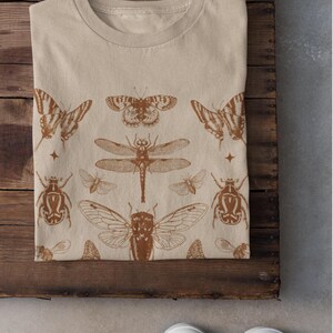 Pu&ograve; includere: T-shirt beige con un disegno di insetti marroni. Il design include farfalle, una libellula, scarabei e altri insetti. La maglietta &egrave; piegata su una superficie di legno, con scarpe da ginnastica bianche.