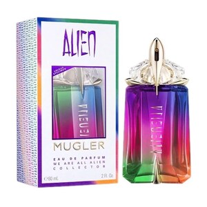 May include: A 60 ml bottle of Alien Mugler Eau de Parfum with a vibrant rainbow gradient glass finish and a gold-toned metallic cap. The accompanying rectangular box features the text Alien, Mugler, and We Are All Alien Collector.