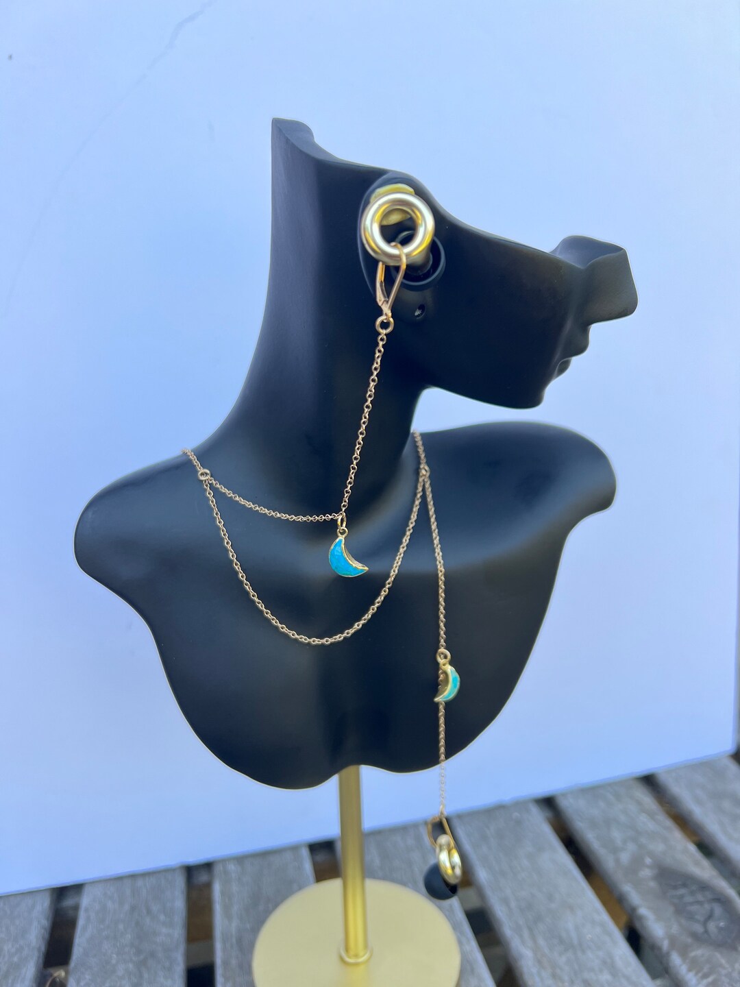 Gold Filled Loop Earplug Chain With Turquoise Moons for Festivals, Live