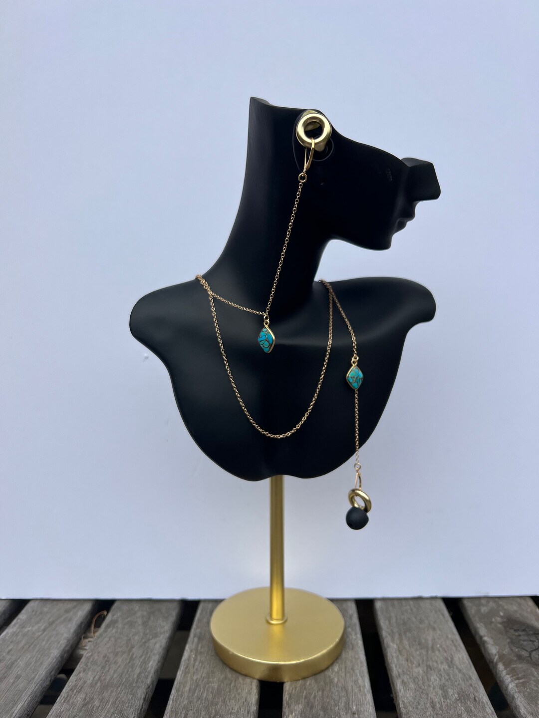 Gold Filled Loop Earplug Chain With Diamond Shaped Turquoise for