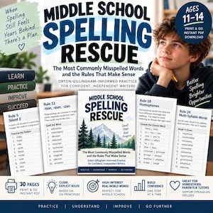 May include: Middle School Spelling Rescue educational workbook featuring Orton-Gillingham-informed practice. The cover displays a mountain landscape with pine trees. Includes pages for Rule 5, Rule 12, Rule 18, and Rule 24, plus 30 printable pages.