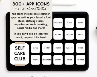 May include: A black tablet showing app icons with the text "300+ APP ICONS minimal aesthetic." The icons include weather, clock, alarm, wallet, TD Bank, Chase, news, school, music, Target, Zelle, phone, messages, camera, notes, and photos.