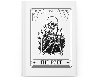 May include: Black and white illustration of a skeleton reading a book. The illustration is in the style of a tarot card and includes the text "The Poet" and the Roman numeral "XVII".