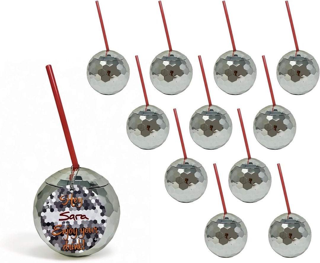 Silver Disco Ball Cups 12 Pack With Name Tags for Bachelorette Party Favors, Disco Theme