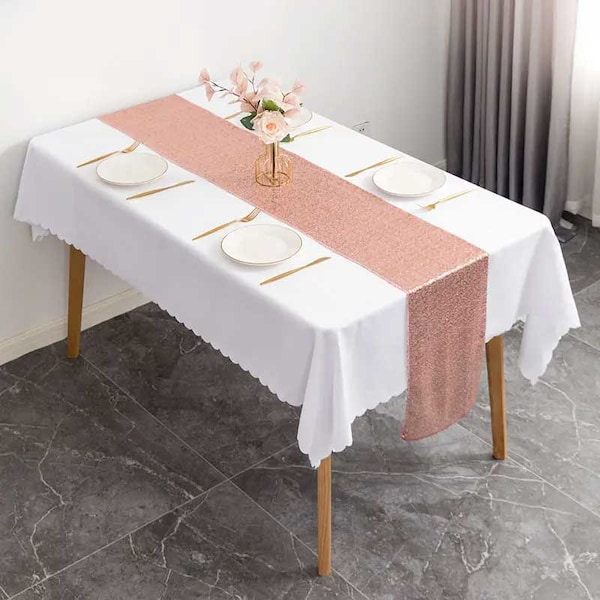 Sparkling Rose Gold Sequin Table Runner for Party Decorations - 12 x 108" Glitter Runner for Rectangle Tables