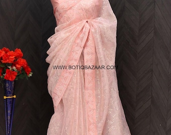 Light pink organza saree with sequence work along with Stitched Blouse and Pico (fall)