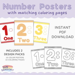 Number Posters and Coloring Pages - Printable Posters for Classroom - Early Education Classroom Display - Watercolor theme