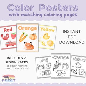 Color Posters and Coloring Pages - Printable Posters for Classroom - Early Education Classroom Display - Watercolor theme