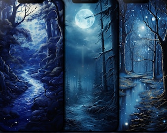Enchanted forest at night phone wallpapers, Bundle of 8 magical fantasy dark blue magic forest backgrounds, in 4K 2160x3840 UHD resolution