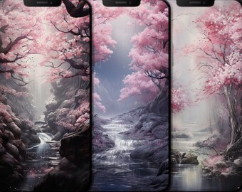 Sakura enchanted forest phone wallpapers, Bundle of 8 fantasy cherry blossom magical forest backgrounds, in 4K 2160x3840 UHD resolution