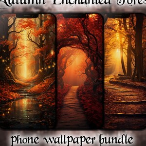 May include: Three phone wallpapers featuring autumn forest scenes. The first wallpaper shows a path through a forest with a stream running down the middle. The second wallpaper shows a path through a forest with a bright orange glow. The third wallpaper shows a path through a forest with a bright yellow glow.