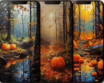 Autumn forest pumpkin phone wallpapers, Bundle of 9 picturesque autumn fall Halloween pumpkin backgrounds, in 4K 2160x3840 UHD resolution