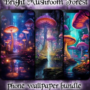 Sfondi per telefono con foresta di funghi luminosi, pacchetto di 7 sfondi colorati con foresta magica di funghi fantasy, con risoluzione UHD 4K 2160x3840