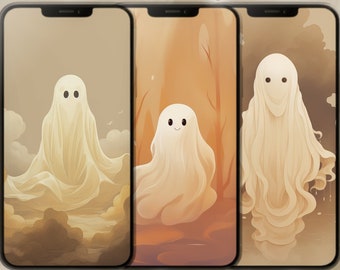 Fonds d'écran esthétiques pour téléphone fantôme, lot de 6 arrière-plans minimalistes mignons d'anime hanté fantôme d'Halloween, en résolution 4K 2160x3840 UHD