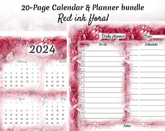 Red ink floral, Daily Monthly Yearly Planner and Calendar Bundle, Printable & Fillable, Artistic Design, Organizer, Gift for Planner Lovers