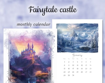 Printable calendar 2024, Fairytale castle, Artistic Monthly Calendar Printable, Digital Planner, Wall Calendar, Colorful Calendar