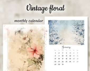 Printable calendar 2024, Vintage floral, Artistic Monthly Calendar Printable, Digital Planner, Wall Calendar, Colorful Calendar